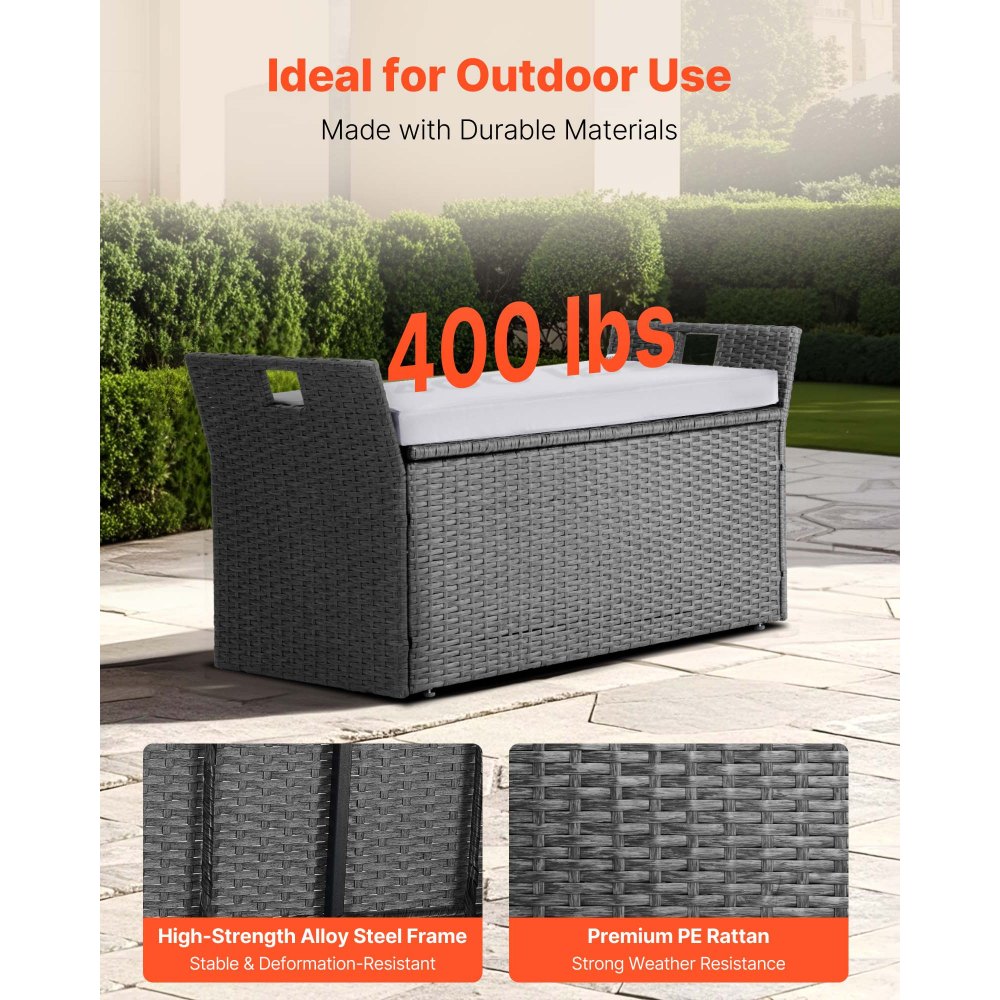 VEVOR Banco de Almacenamiento de Ratán Sintético Baúl de Terraza 104 x 45 x 52 cm con Cojín y Asas Laterales Asiento Cómodo para 2 Personas Soporta hasta 181 kg para Exterior, Jardín, Balcón, Gris