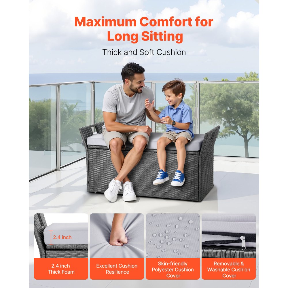 VEVOR Banco de Almacenamiento de Ratán Sintético Baúl de Terraza 104 x 45 x 52 cm con Cojín y Asas Laterales Asiento Cómodo para 2 Personas Soporta hasta 181 kg para Exterior, Jardín, Balcón, Gris