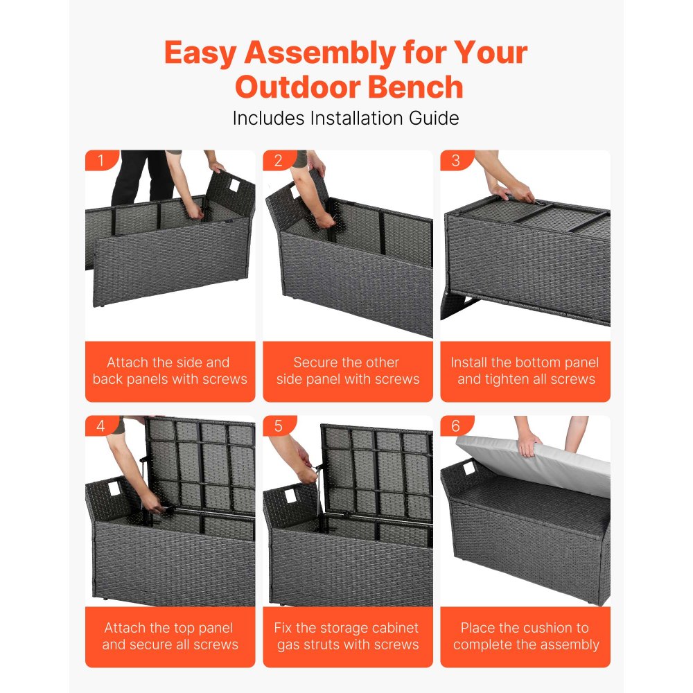 VEVOR Banco de Almacenamiento de Ratán Sintético Baúl de Terraza 104 x 45 x 52 cm con Cojín y Asas Laterales Asiento Cómodo para 2 Personas Soporta hasta 181 kg para Exterior, Jardín, Balcón, Gris