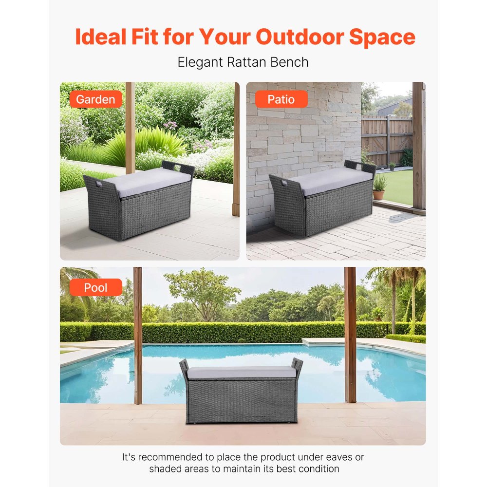 VEVOR Banco de Almacenamiento de Ratán Sintético Baúl de Terraza 104 x 45 x 52 cm con Cojín y Asas Laterales Asiento Cómodo para 2 Personas Soporta hasta 181 kg para Exterior, Jardín, Balcón, Gris