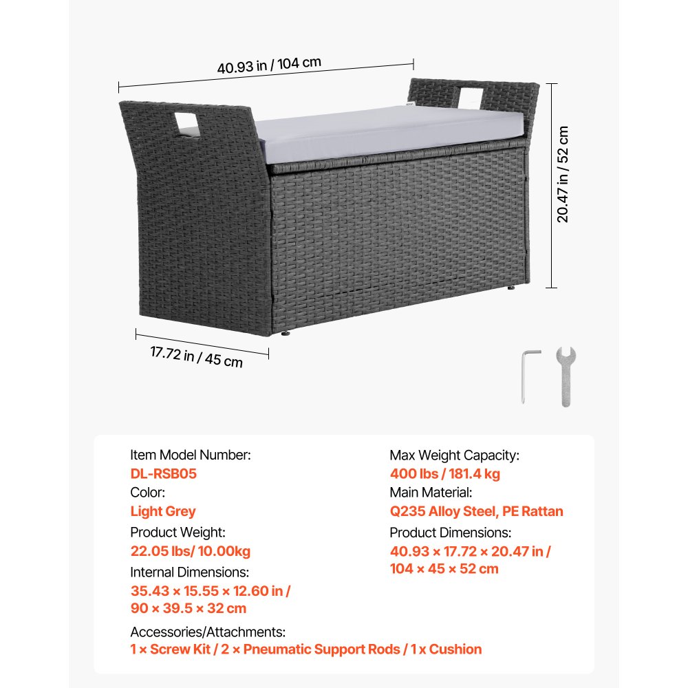 VEVOR Banco de Almacenamiento de Ratán Sintético Baúl de Terraza 104 x 45 x 52 cm con Cojín y Asas Laterales Asiento Cómodo para 2 Personas Soporta hasta 181 kg para Exterior, Jardín, Balcón, Gris