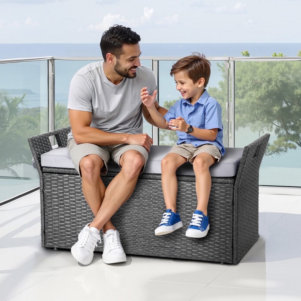 VEVOR Banco de Almacenamiento de Ratán Sintético Baúl de Terraza 104 x 45 x 52 cm con Cojín y Asas Laterales Asiento Cómodo para 2 Personas Soporta hasta 181 kg para Exterior, Jardín, Balcón, Gris