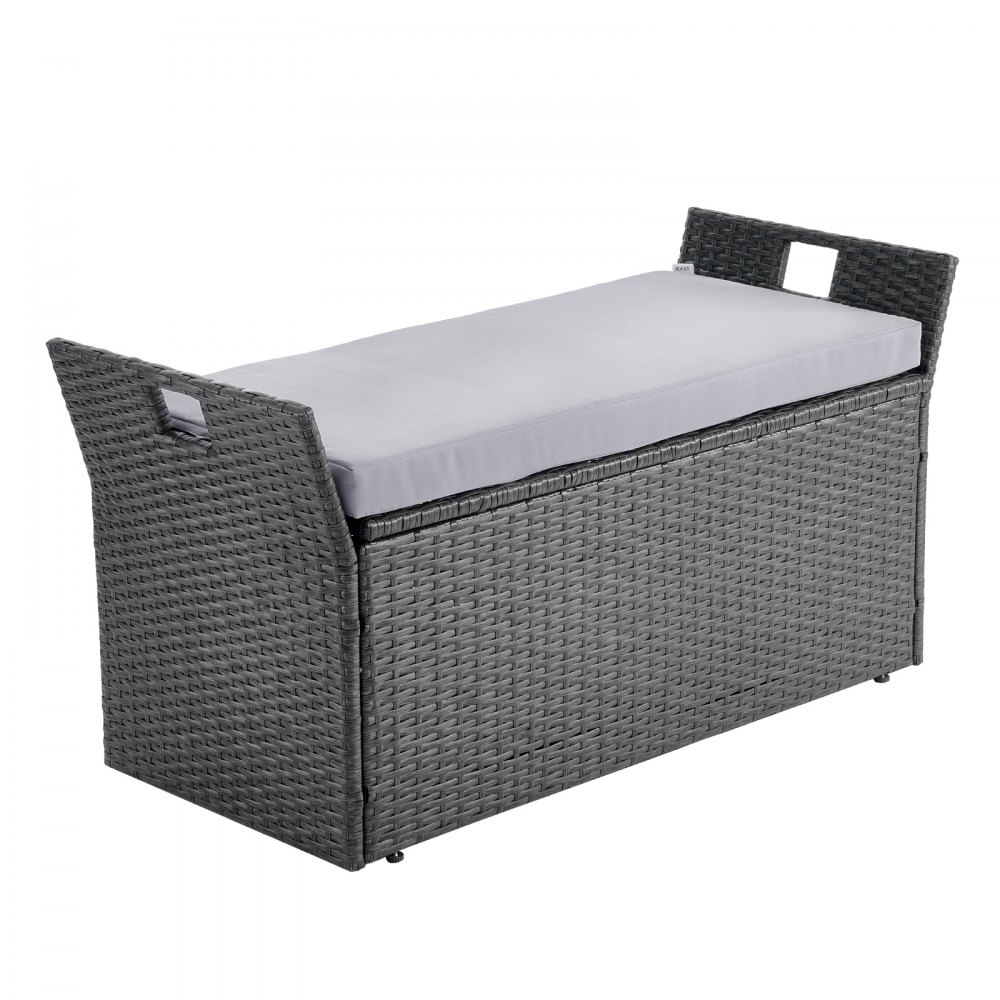 VEVOR Banco de Almacenamiento de Ratán Sintético Baúl de Terraza 104 x 45 x 52 cm con Cojín y Asas Laterales Asiento Cómodo para 2 Personas Soporta hasta 181 kg para Exterior, Jardín, Balcón, Gris
