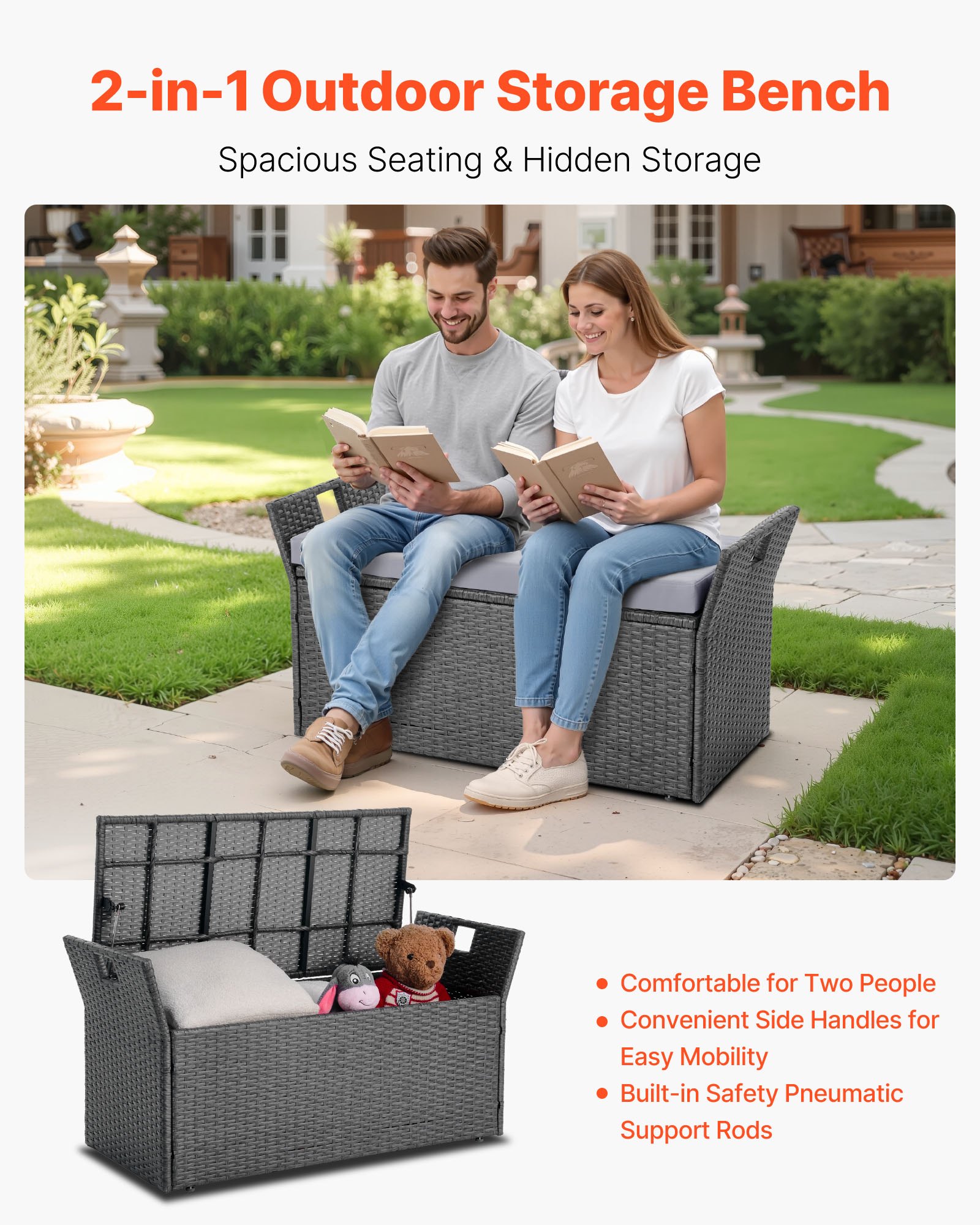 VEVOR Banco de Almacenamiento de Ratán Sintético Baúl de Terraza 104 x 45 x 52 cm con Cojín y Asas Laterales Asiento Cómodo para 2 Personas Soporta hasta 181 kg para Exterior, Jardín, Balcón, Gris