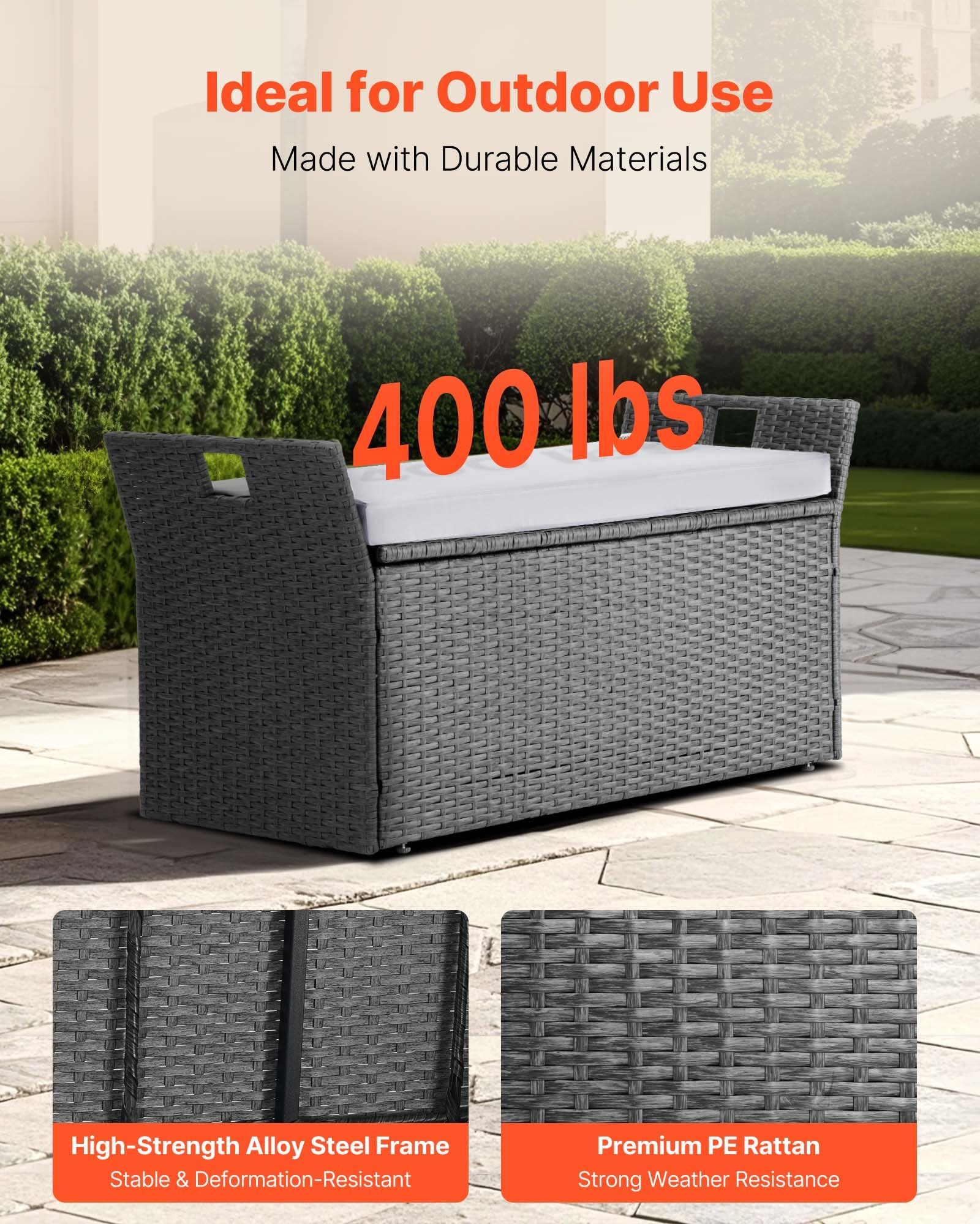 VEVOR Banco de Almacenamiento de Ratán Sintético Baúl de Terraza 104 x 45 x 52 cm con Cojín y Asas Laterales Asiento Cómodo para 2 Personas Soporta hasta 181 kg para Exterior, Jardín, Balcón, Gris