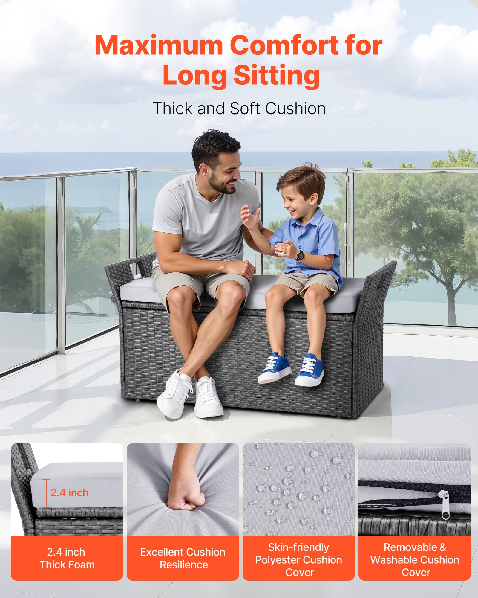 VEVOR Banco de Almacenamiento de Ratán Sintético Baúl de Terraza 104 x 45 x 52 cm con Cojín y Asas Laterales Asiento Cómodo para 2 Personas Soporta hasta 181 kg para Exterior, Jardín, Balcón, Gris