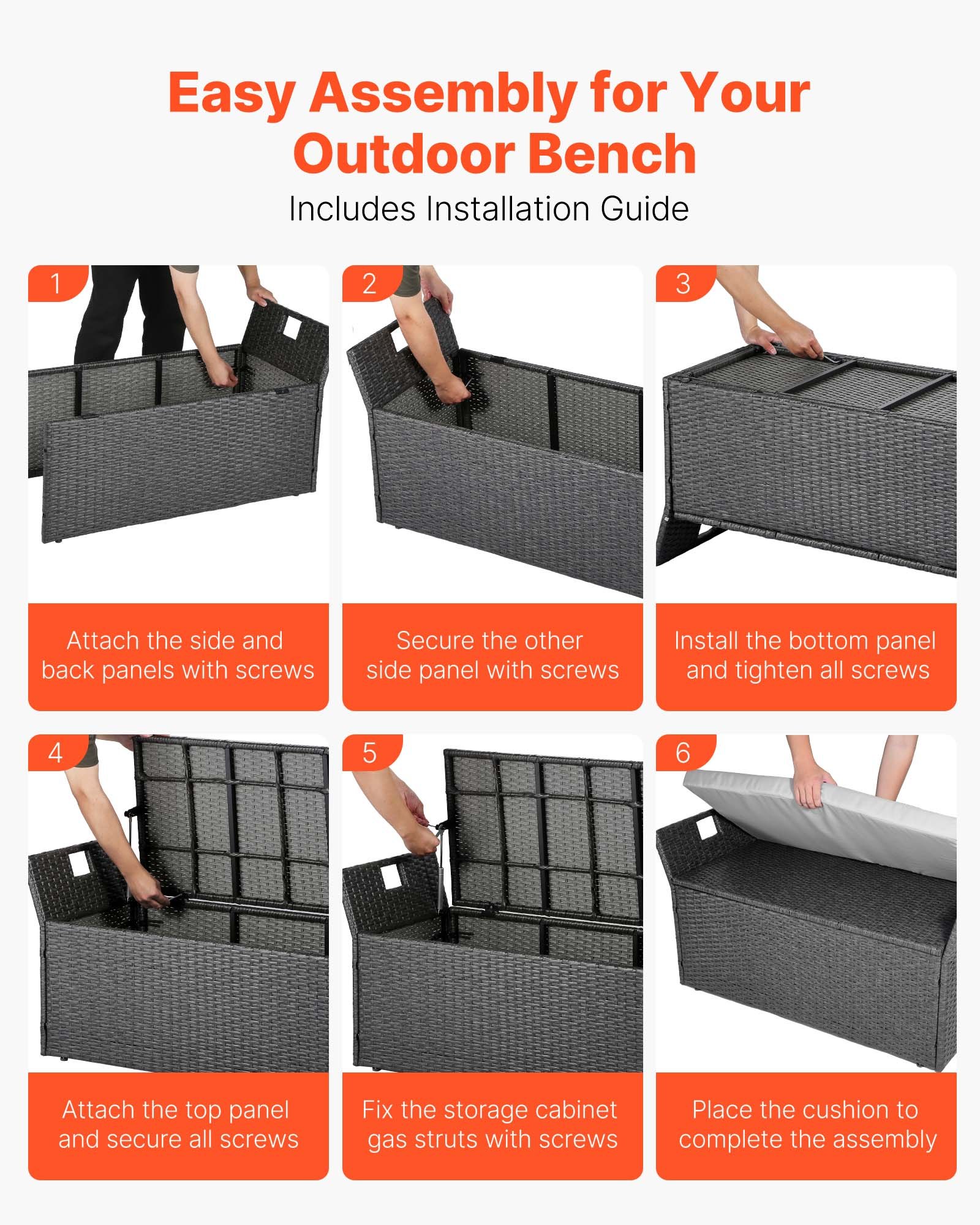 VEVOR Banco de Almacenamiento de Ratán Sintético Baúl de Terraza 104 x 45 x 52 cm con Cojín y Asas Laterales Asiento Cómodo para 2 Personas Soporta hasta 181 kg para Exterior, Jardín, Balcón, Gris