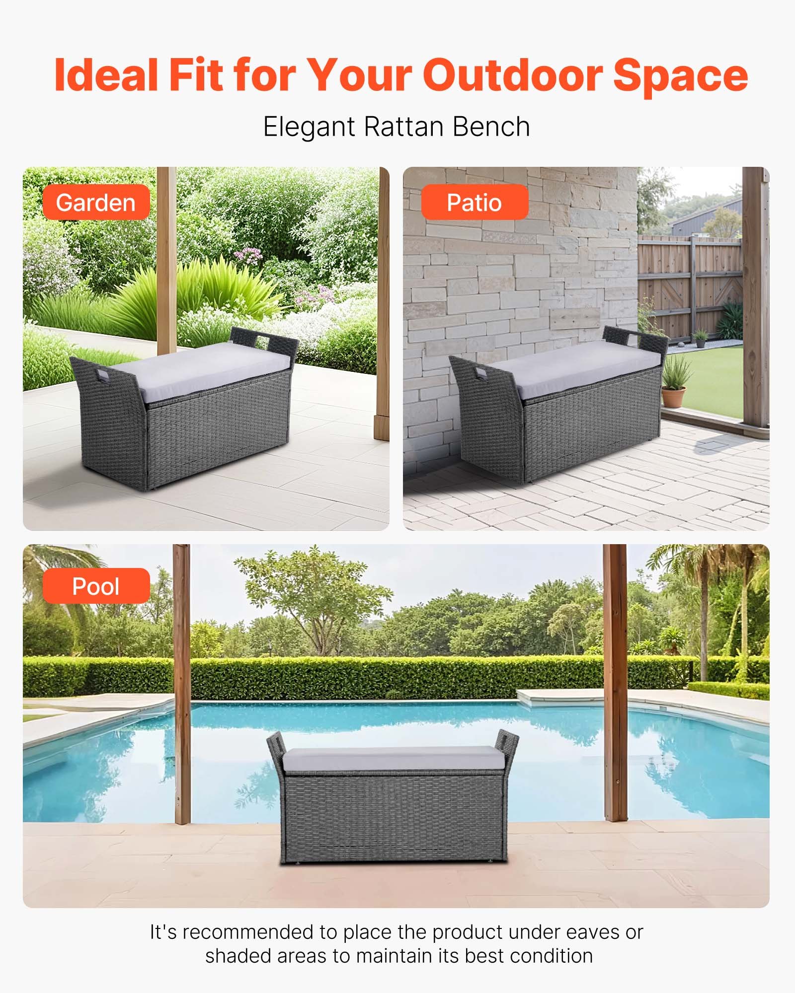 VEVOR Banco de Almacenamiento de Ratán Sintético Baúl de Terraza 104 x 45 x 52 cm con Cojín y Asas Laterales Asiento Cómodo para 2 Personas Soporta hasta 181 kg para Exterior, Jardín, Balcón, Gris