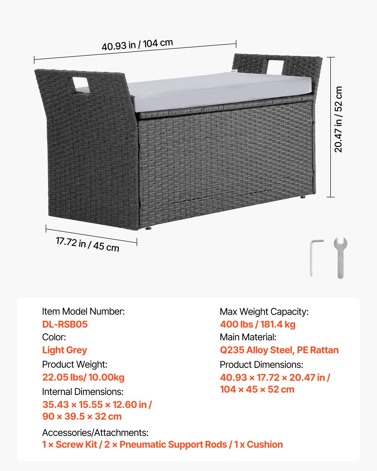 VEVOR Banco de Almacenamiento de Ratán Sintético Baúl de Terraza 104 x 45 x 52 cm con Cojín y Asas Laterales Asiento Cómodo para 2 Personas Soporta hasta 181 kg para Exterior, Jardín, Balcón, Gris