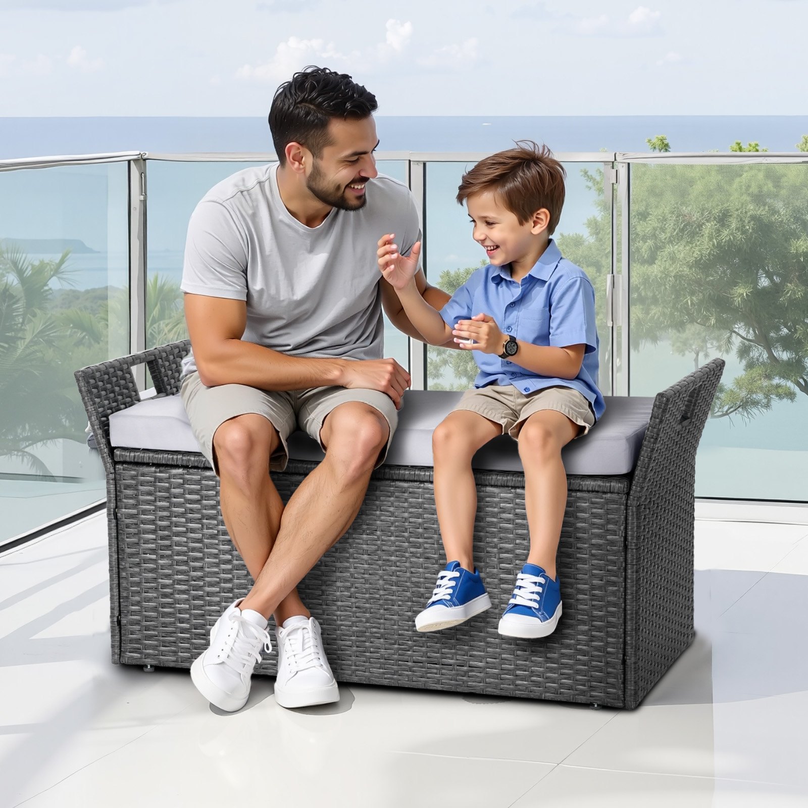 VEVOR Banco de Almacenamiento de Ratán Sintético Baúl de Terraza 104 x 45 x 52 cm con Cojín y Asas Laterales Asiento Cómodo para 2 Personas Soporta hasta 181 kg para Exterior, Jardín, Balcón, Gris