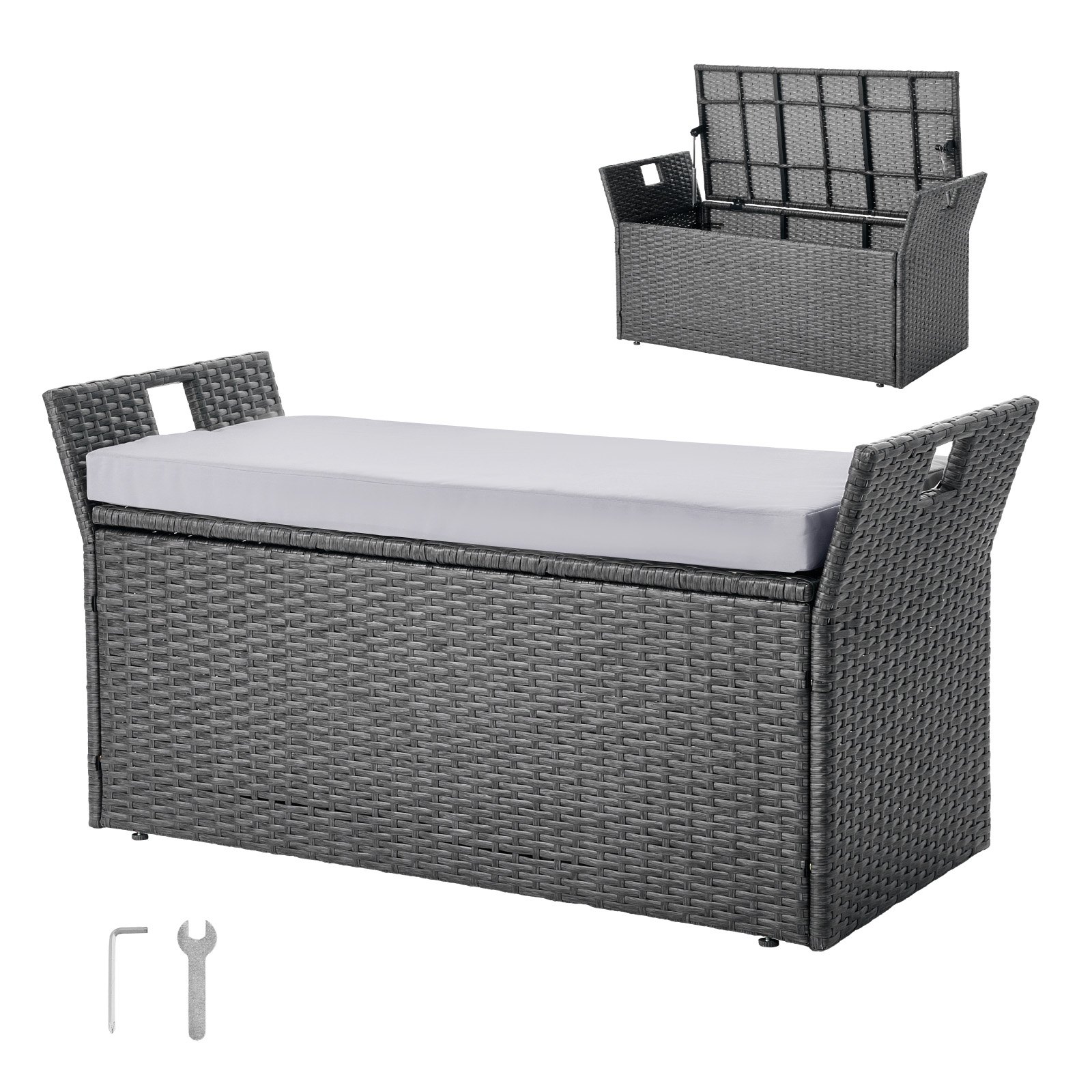 VEVOR Banco de Almacenamiento de Ratán Sintético Baúl de Terraza 104 x 45 x 52 cm con Cojín y Asas Laterales Asiento Cómodo para 2 Personas Soporta hasta 181 kg para Exterior, Jardín, Balcón, Gris