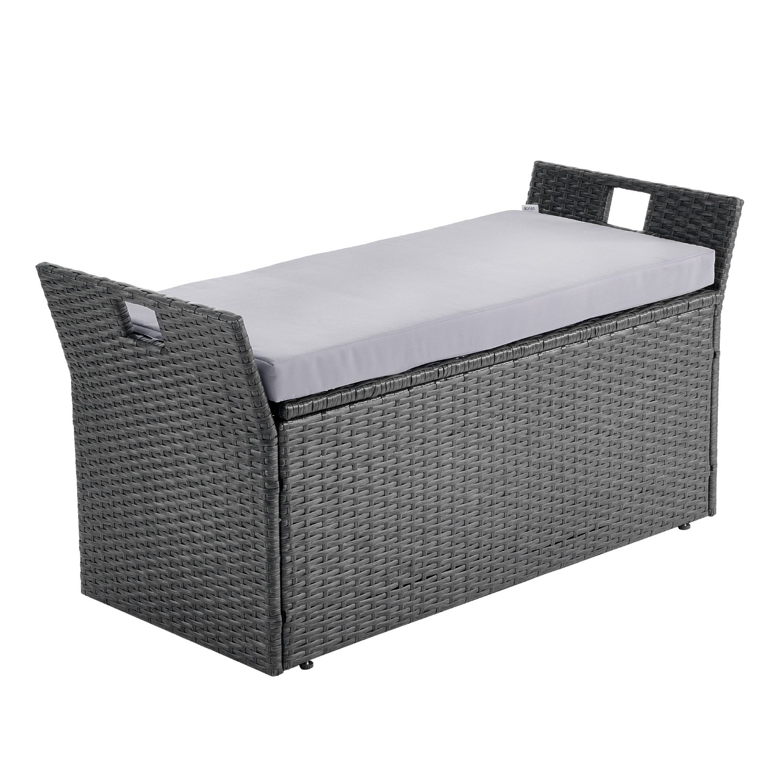 VEVOR Banco de Almacenamiento de Ratán Sintético Baúl de Terraza 104 x 45 x 52 cm con Cojín y Asas Laterales Asiento Cómodo para 2 Personas Soporta hasta 181 kg para Exterior, Jardín, Balcón, Gris