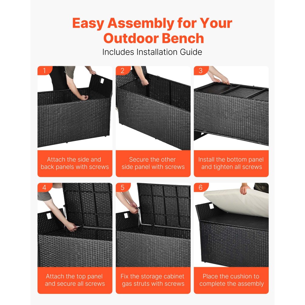 VEVOR Outdoor Storage Bench, 2-Person PE Rattan Storage Bench, 340L Deck Box with Cushion &  Side Handles, Supports up to 362kg, Weatherproof Outdoor Seating & Porch Decor for Patio Garden Balcony