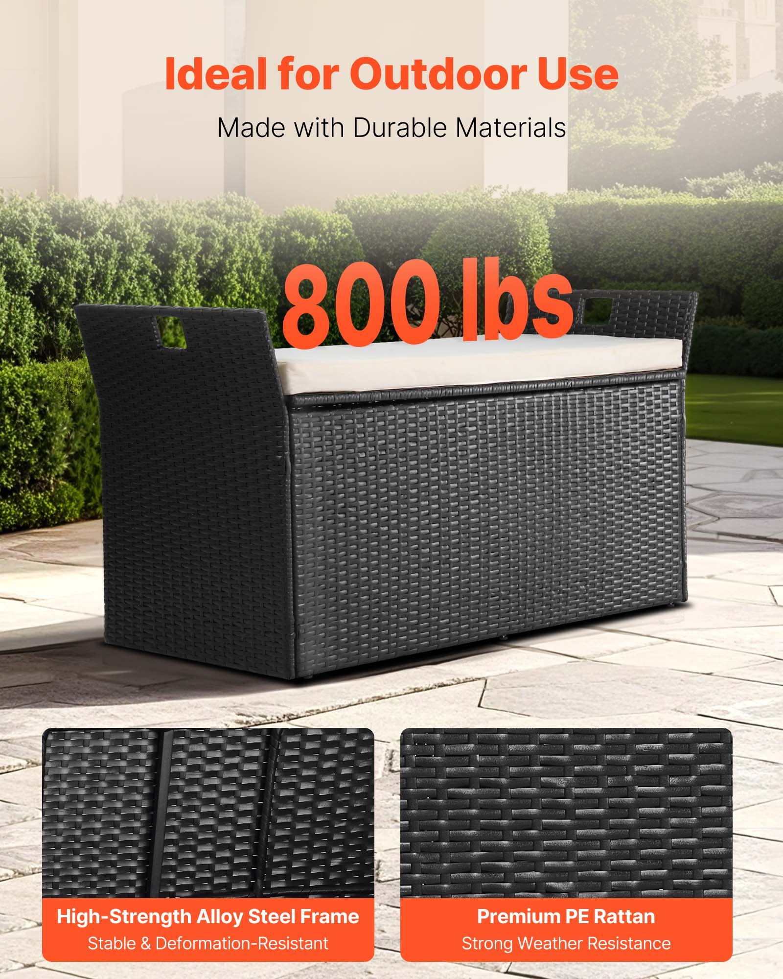 VEVOR Outdoor Storage Bench, 2-Person PE Rattan Storage Bench, 340L Deck Box with Cushion &  Side Handles, Supports up to 362kg, Weatherproof Outdoor Seating & Porch Decor for Patio Garden Balcony