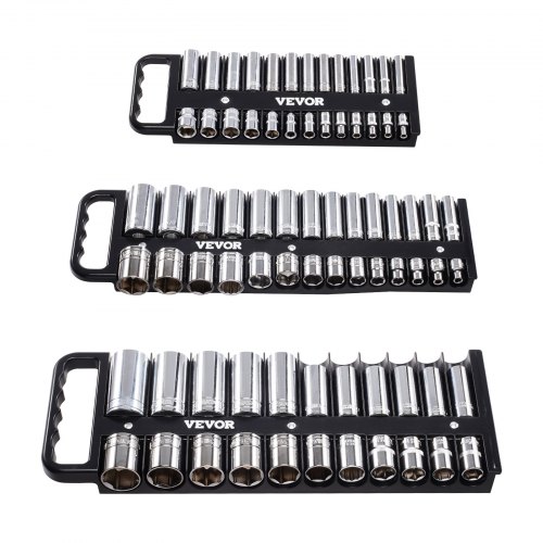VEVOR Kit de Organizador de Dados Magnéticos, Juego de 3 de Bandejas de Dados SAE 1/4», 3/8», 1/2» con Etiquetas Transparentes, Capacidad de 68 Dados Estándar y Profundos (No Incluidos), Rojo