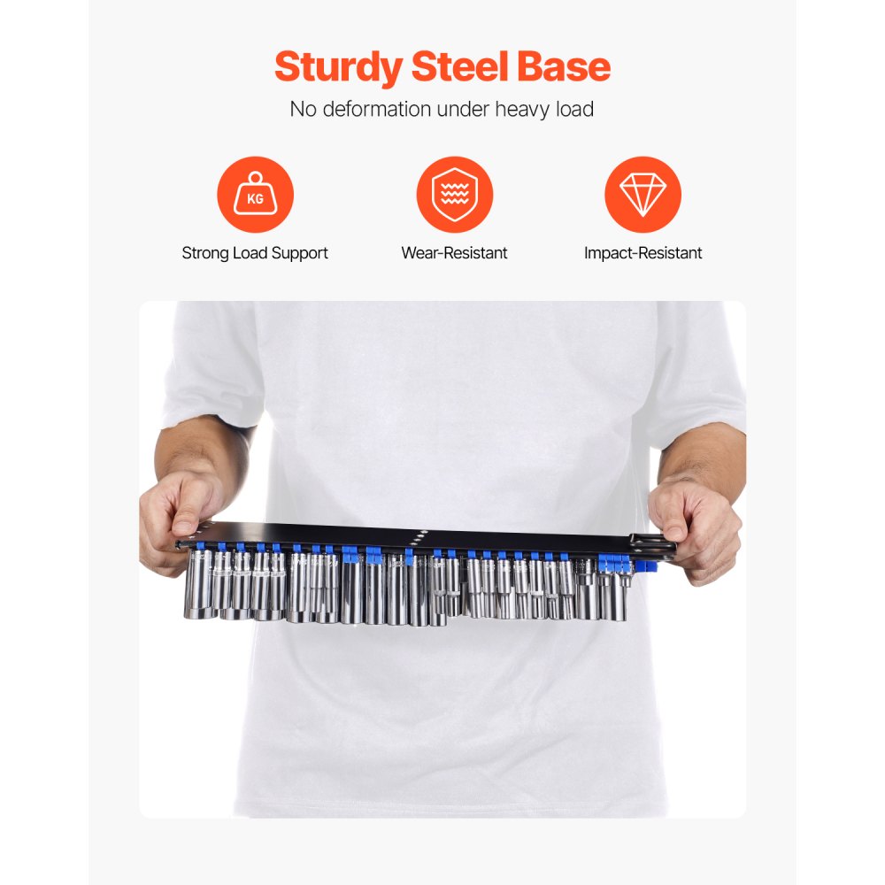 VEVOR 2-piece metric and SAE socket wrench organizer set for up to 160 sockets, 1/4 inch, 3/8 inch & 1/2 inch socket wrench rail with handle & steel base for toolbox drawer