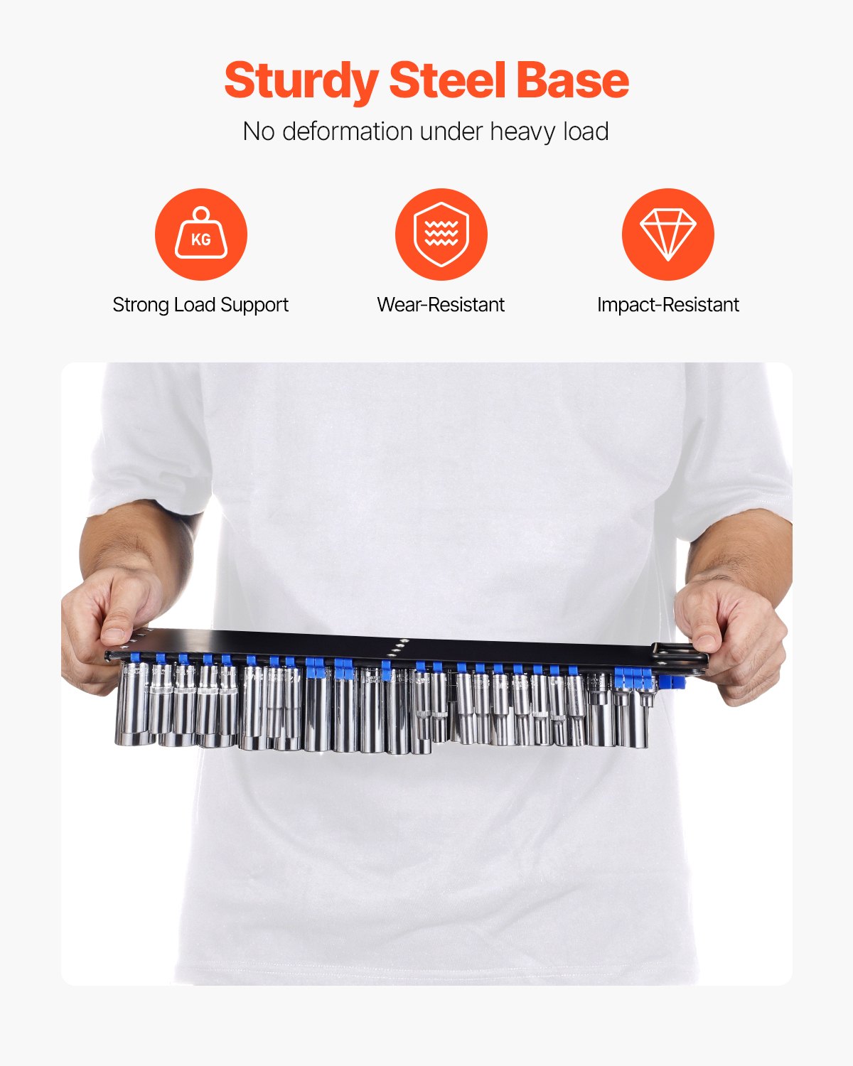 VEVOR 2-piece metric and SAE socket wrench organizer set for up to 160 sockets, 1/4 inch, 3/8 inch & 1/2 inch socket wrench rail with handle & steel base for toolbox drawer