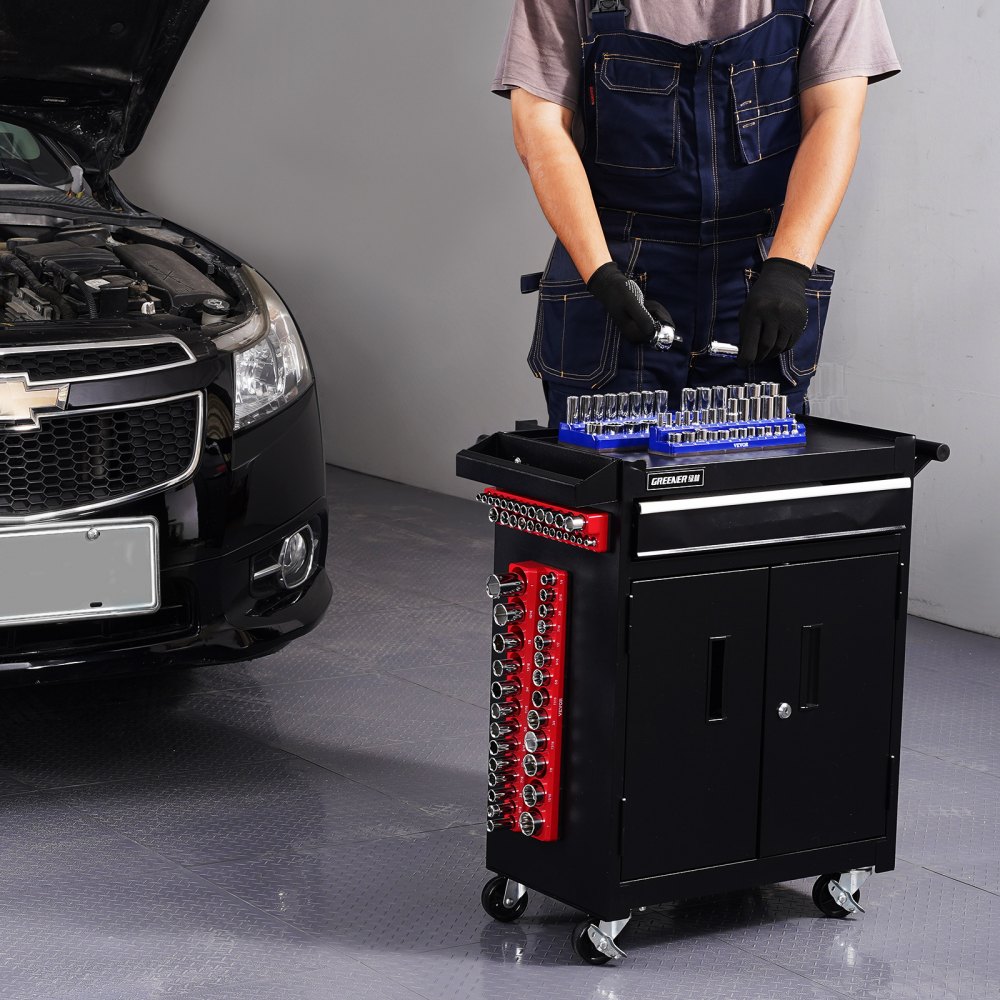 VEVOR Kit de Organizador de Dados Magnéticos, 4 Bandejas de Dados Métricos y SAE 1/4'', 3/8'' con Etiquetas Transparentes, Capacidad de 108 Dados Estándar y Profundos (No Incluidos), Azul y Rojo