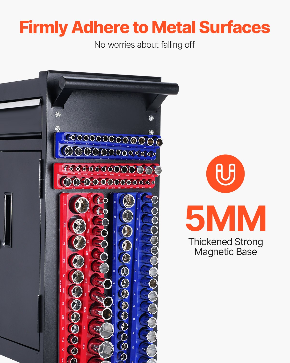 VEVOR Kit de Organizador de Dados Magnéticos, 4 Bandejas de Dados Métricos y SAE 1/4'', 3/8'' con Etiquetas Transparentes, Capacidad de 108 Dados Estándar y Profundos (No Incluidos), Azul y Rojo