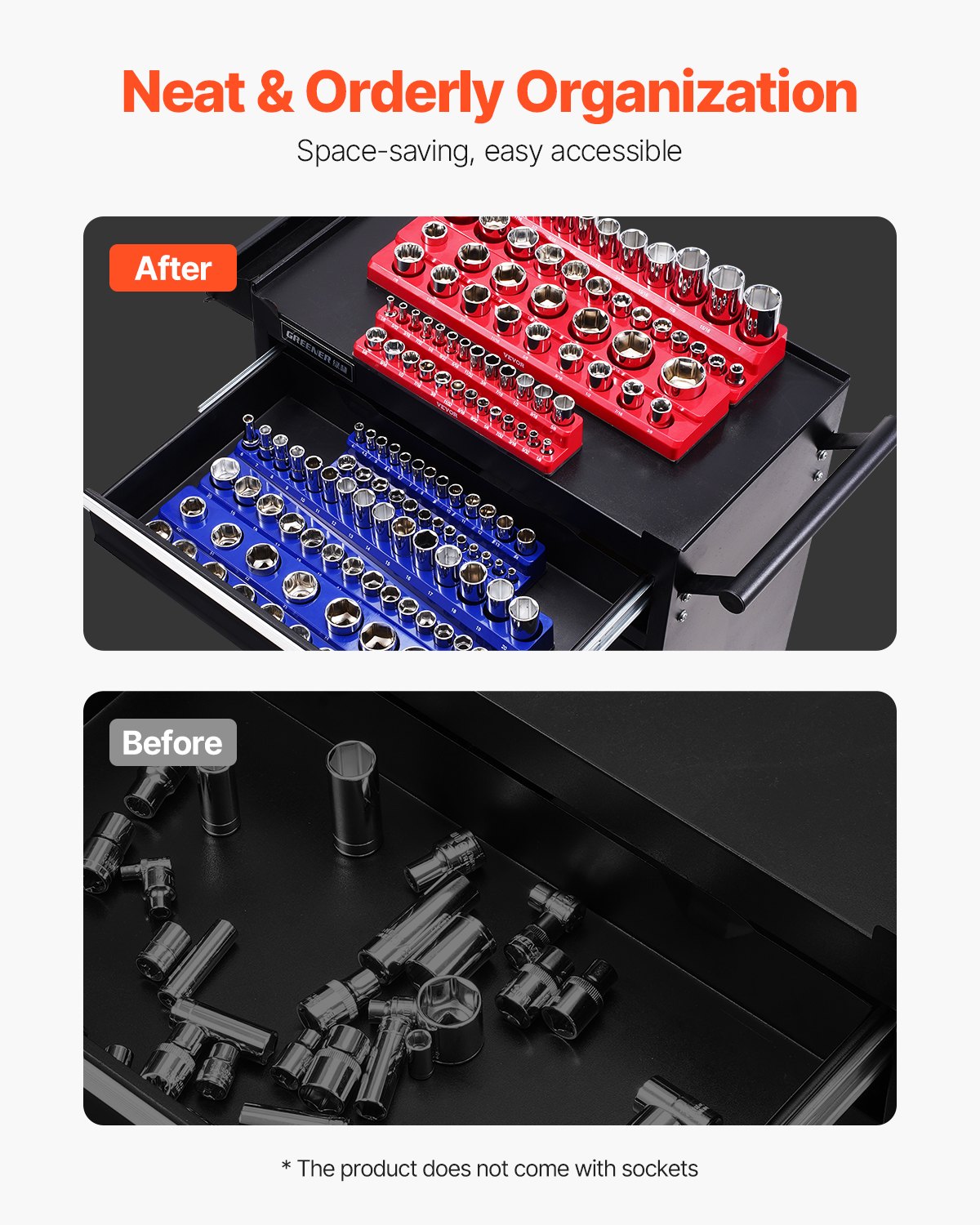 VEVOR Socket Wrench Organizer Set, 6-Piece, 1/4 Inch, 3/8 Inch & 1/2 Inch SAE Socket Holders, for up to 143 Standard & Deep Sockets (Sockets not included)