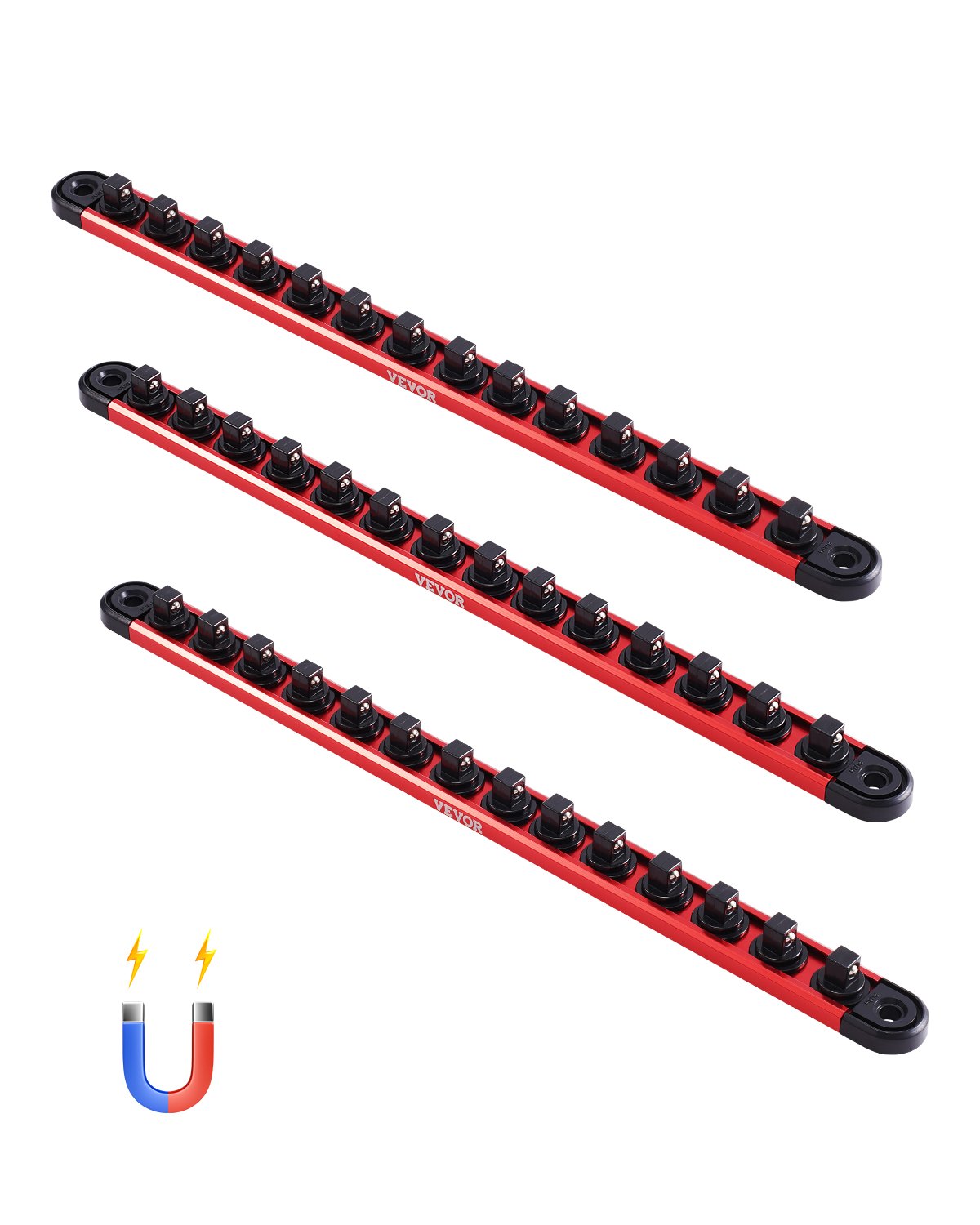 VEVOR Kit de Organizador de Dados de Riel de Aluminio, 3 PCS Bandejas de Dados Métricos SAE 1/4'', 3/8'', 1/2'' con Clips Giratorios de 360° para Caja de Herramientas, Capacidad 40 Dados, Rojo y Negro