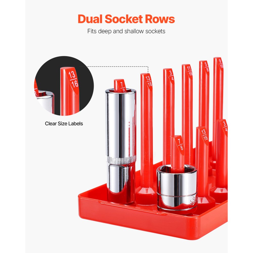 VEVOR Kit de Organizador de Dados de Mango Alto, 8 Soportes de Dados Métricos SAE de 1/4'', 3/8'', 1/2'', Etiquetas Transparentes, Capacidad de 176 Dados Profundos Estándar(No Incluidos), Negro y Rojo