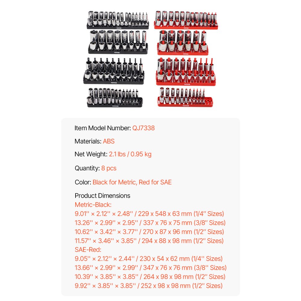 VEVOR Kit de Organizador de Dados de Mango Alto, 8 Soportes de Dados Métricos SAE de 1/4'', 3/8'', 1/2'', Etiquetas Transparentes, Capacidad de 176 Dados Profundos Estándar(No Incluidos), Negro y Rojo