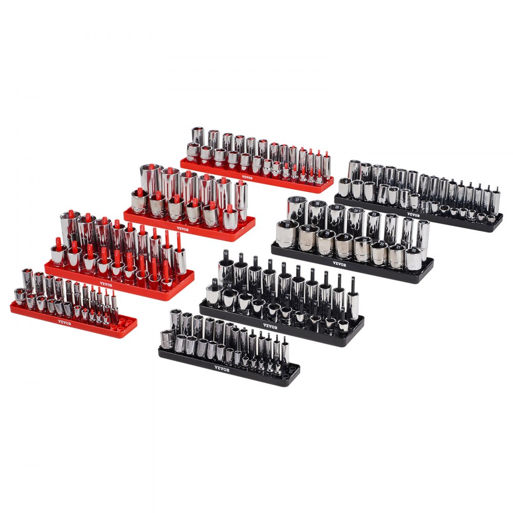 VEVOR Kit de Organizador de Dados de Mango Alto, 8 Soportes de Dados Métricos SAE de 1/4'', 3/8'', 1/2'', Etiquetas Transparentes, Capacidad de 176 Dados Profundos Estándar(No Incluidos), Negro y Rojo