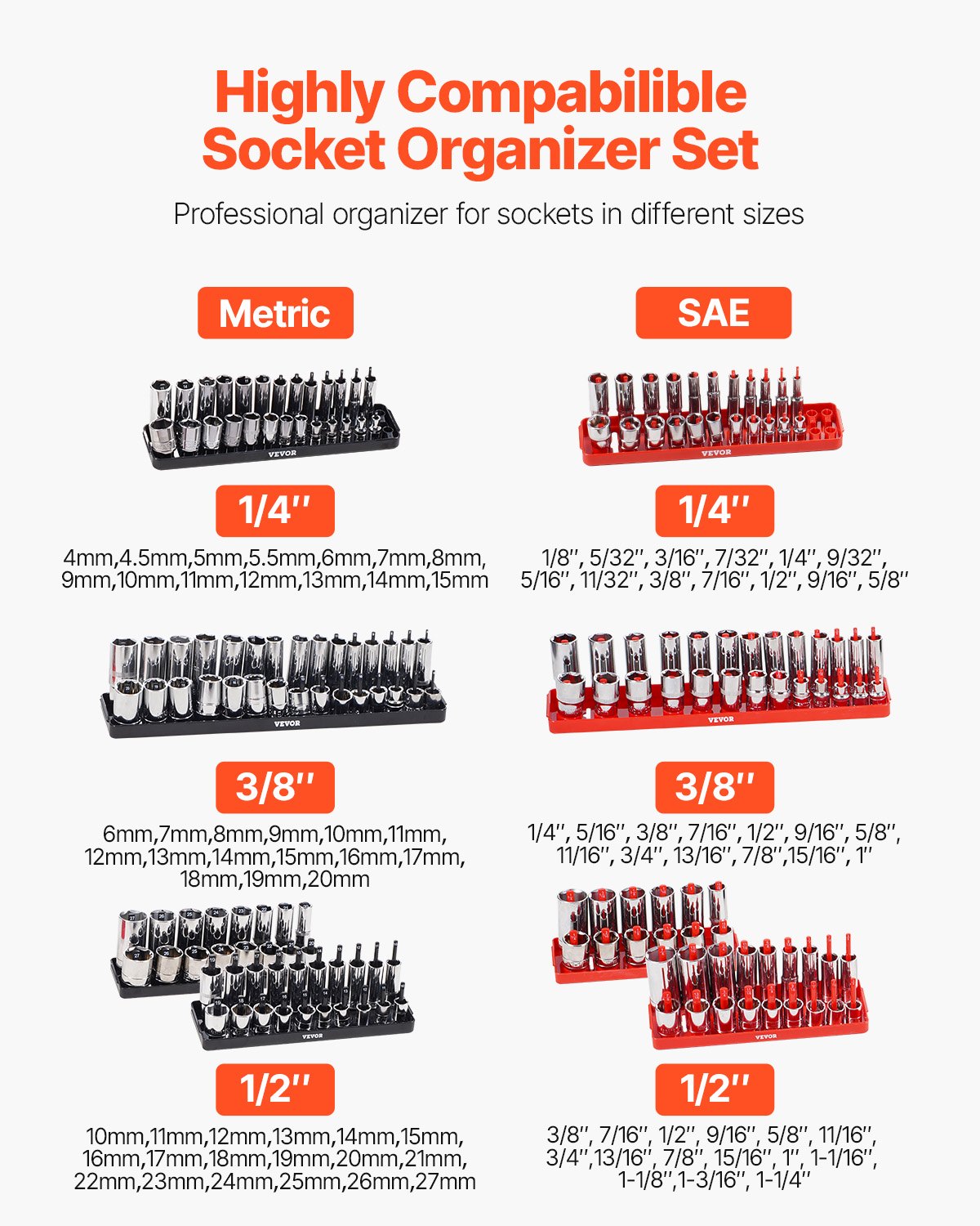 VEVOR Kit de Organizador de Dados de Mango Alto, 8 Soportes de Dados Métricos SAE de 1/4'', 3/8'', 1/2'', Etiquetas Transparentes, Capacidad de 176 Dados Profundos Estándar(No Incluidos), Negro y Rojo