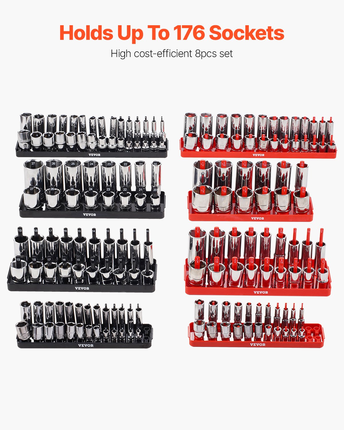 VEVOR Kit de Organizador de Dados de Mango Alto, 8 Soportes de Dados Métricos SAE de 1/4'', 3/8'', 1/2'', Etiquetas Transparentes, Capacidad de 176 Dados Profundos Estándar(No Incluidos), Negro y Rojo