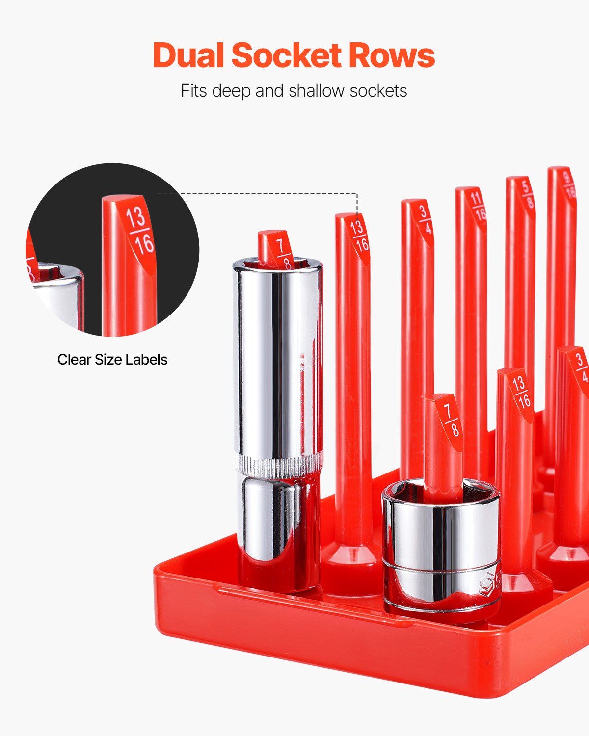 VEVOR Kit de Organizador de Dados de Mango Alto, 8 Soportes de Dados Métricos SAE de 1/4'', 3/8'', 1/2'', Etiquetas Transparentes, Capacidad de 176 Dados Profundos Estándar(No Incluidos), Negro y Rojo