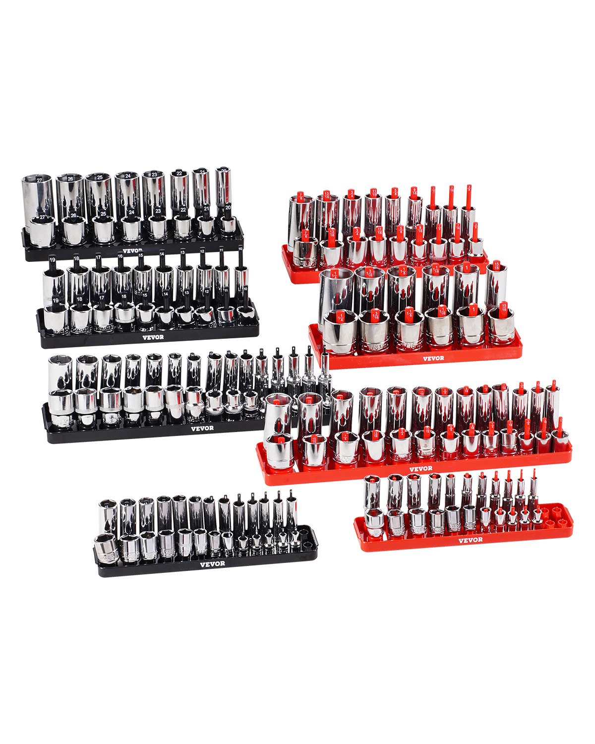 VEVOR Kit de Organizador de Dados de Mango Alto, 8 Soportes de Dados Métricos SAE de 1/4'', 3/8'', 1/2'', Etiquetas Transparentes, Capacidad de 176 Dados Profundos Estándar(No Incluidos), Negro y Rojo