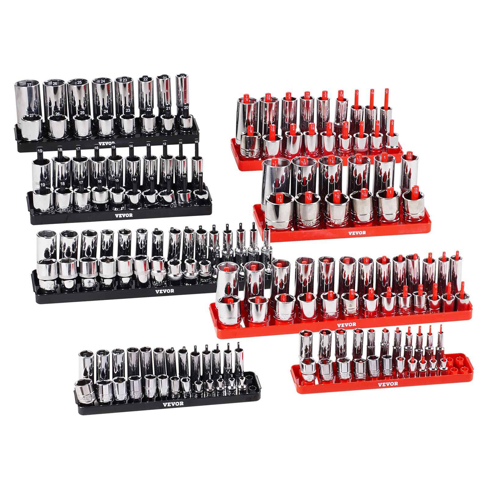 VEVOR Kit de Organizador de Dados de Mango Alto, 8 Soportes de Dados Métricos SAE de 1/4'', 3/8'', 1/2'', Etiquetas Transparentes, Capacidad de 176 Dados Profundos Estándar(No Incluidos), Negro y Rojo