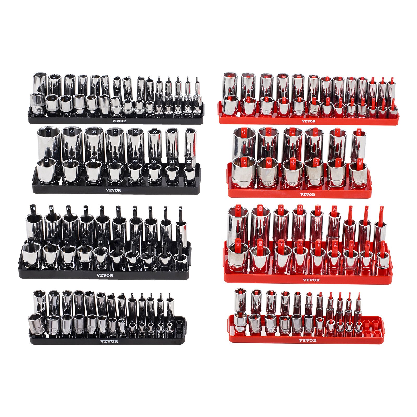 VEVOR Kit de Organizador de Dados de Mango Alto, 8 Soportes de Dados Métricos SAE de 1/4'', 3/8'', 1/2'', Etiquetas Transparentes, Capacidad de 176 Dados Profundos Estándar(No Incluidos), Negro y Rojo