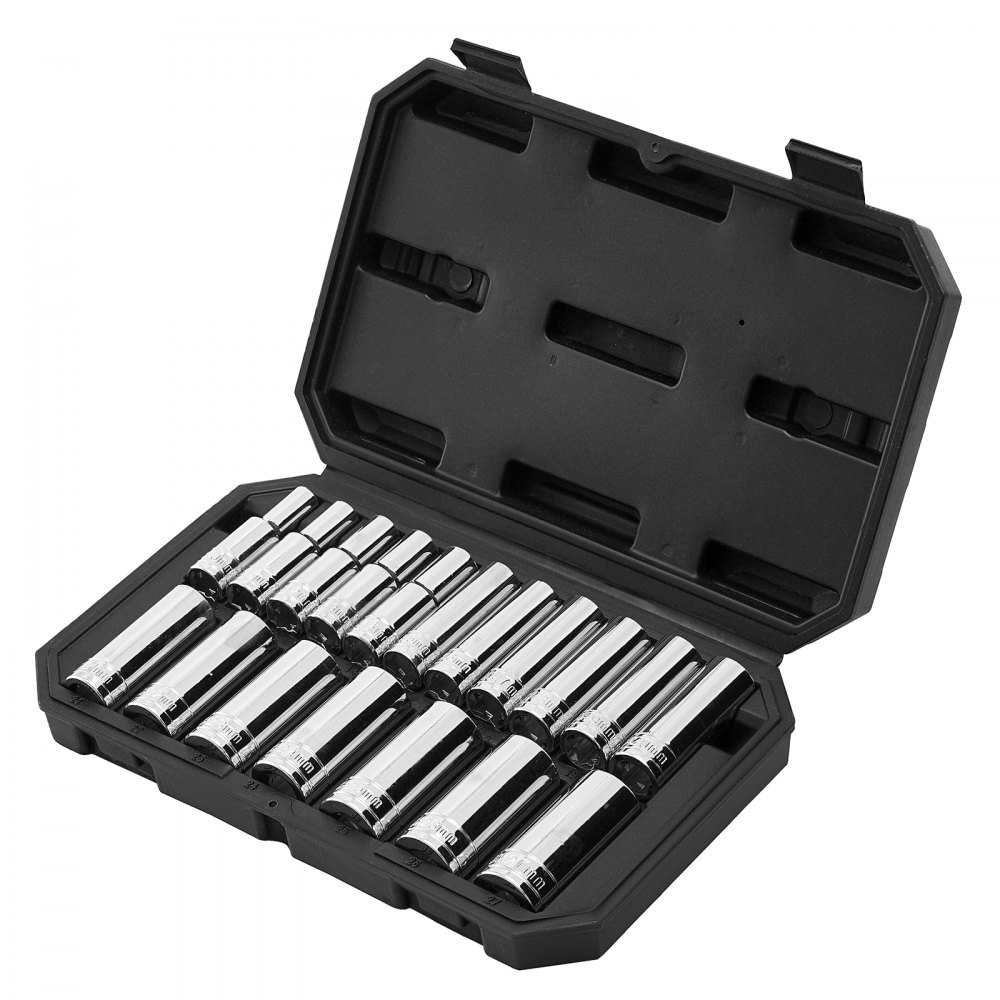 VEVOR Socket Set, 18 Pieces, 12.7 mm Drive Socket Tool Set, Metric Size from 10 to 27 mm, Mechanic Tool Kit with Storage Case, Clear Markings, Chrome Plated CR-V Alloy Steel, for Automotive Repair