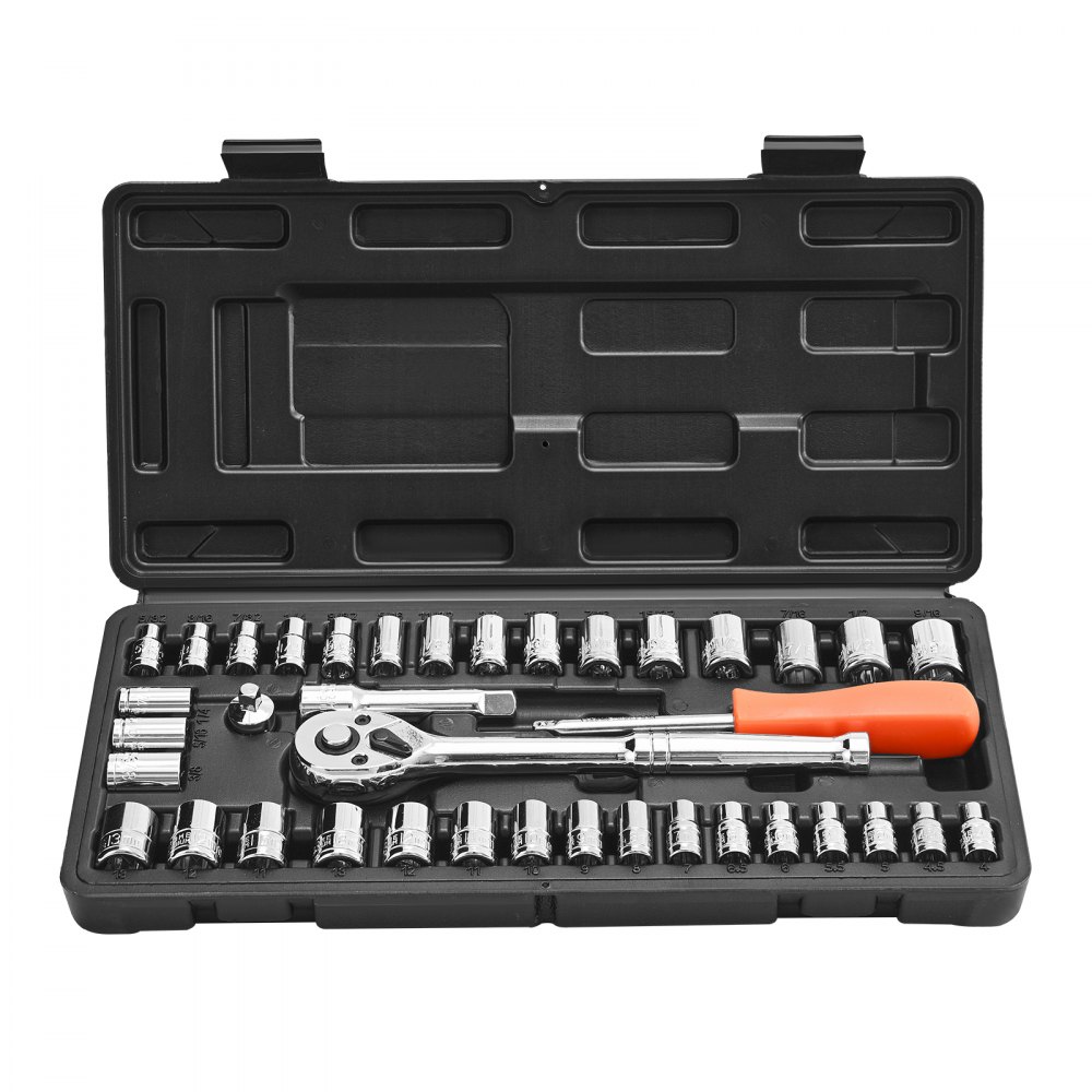 VEVOR Socket Set, 39 Pieces, 9.5 & 6.4 mm Drive Socket and Ratchet Set, SAE and Metric Size, Mechanic Tool Kit with Ratchet Wrench, Accessories, Storage Case, CR-V Alloy Steel, for Automotive Repair