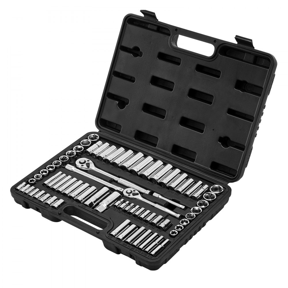 VEVOR Socket Set, 69 Pieces, 9.5 & 6.4 mm Drive Socket and Ratchet Set, SAE and Metric, Deep and Standard, Mechanic Tool Kit with Accessories and Storage Case, CR-V Alloy Steel, for Auto Repair
