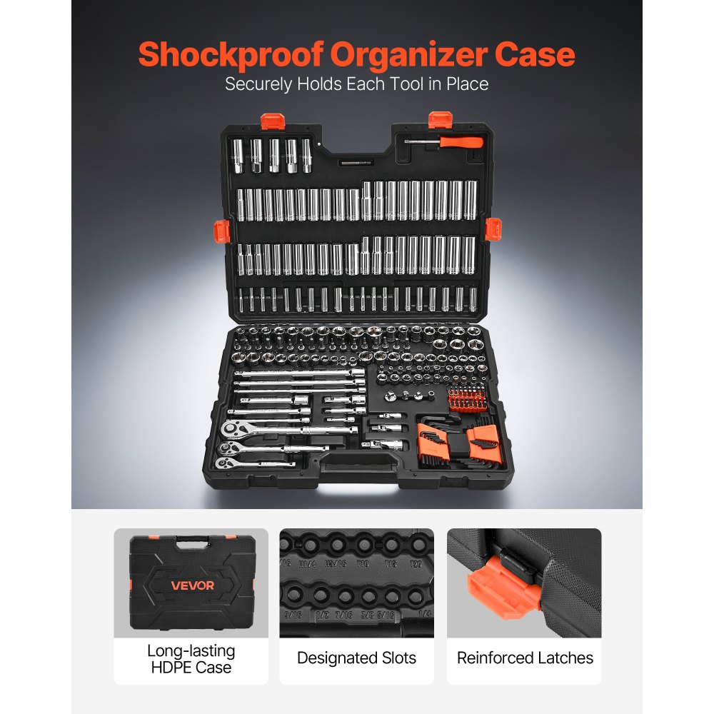VEVOR Socket Set, 225 Pieces, 9.5 & 6.4 & 12.7 mm Drive Socket and Ratchet Set, SAE and Metric, Deep and Shallow, Mechanic Tool Kit with Bits, Accessories, Storage Case, CR-V Alloy Steel, for Repair