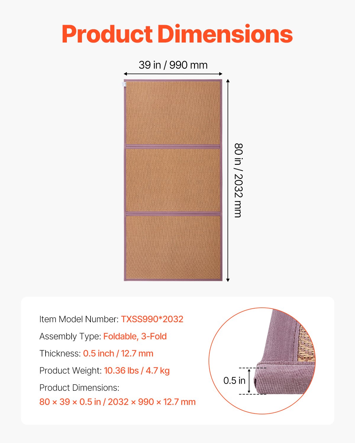 VEVOR Colchón de Tatami Japonés Plegable de 2032 x 990 x 13 mm, Tatami de Ratán Natural Tejido a Mano, Colchón de Suelo Japonés Antideslizante para Dormir, Meditación, Yoga, Relajación, Marrón