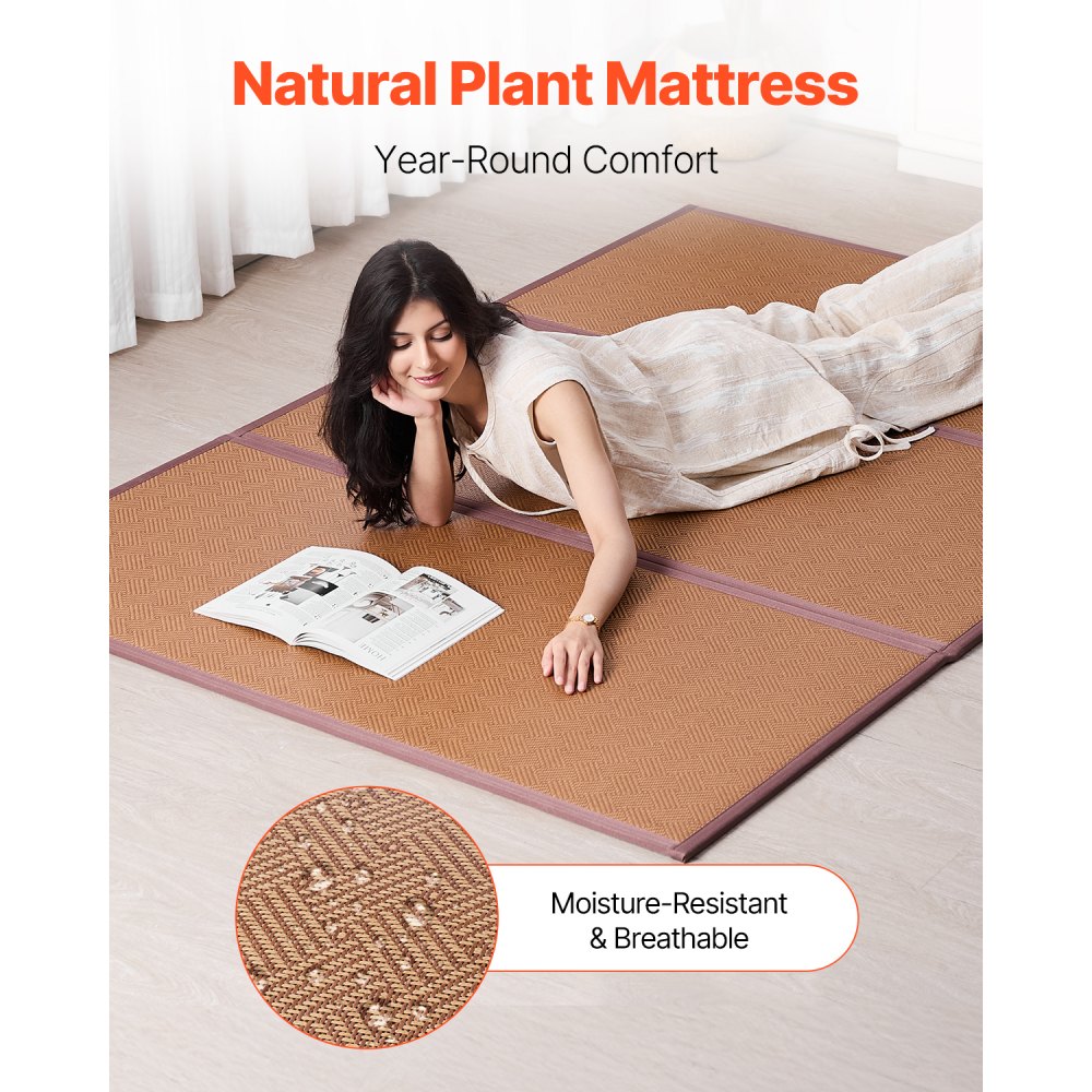 VEVOR Colchón de Tatami Japonés Plegable de 2032 x 1397 x 13 mm, Tatami de Ratán Natural Tejido a Mano, Colchón de Suelo Japonés Antideslizante para Dormir, Meditación, Yoga, Relajación, Marrón