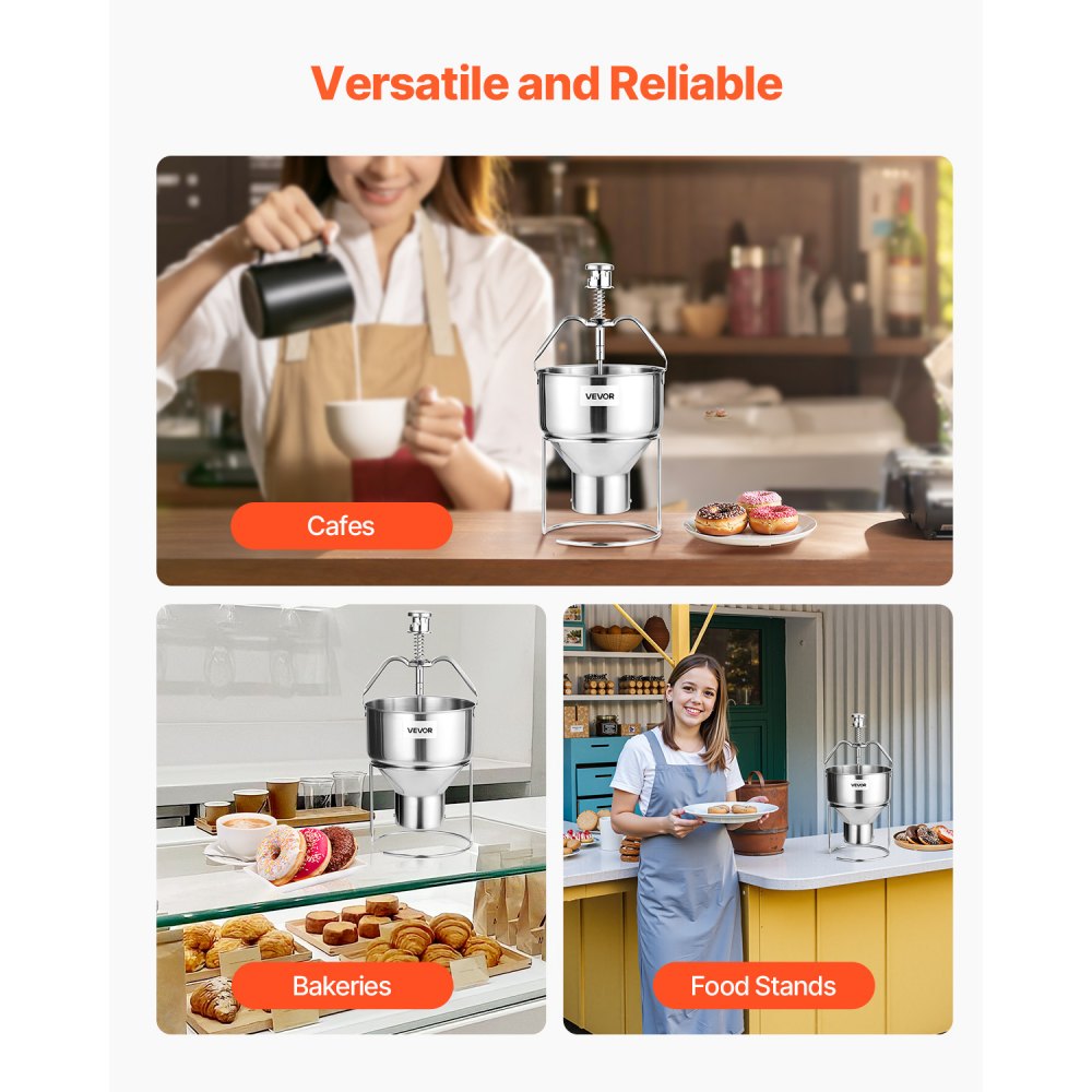 VEVOR Dispensador de Masa para Donas Manual 20-30 mm de Gran Capacidad, de Acero Inoxidable 304, con 6 Ajustes de Grosor y Soporte, para Restaurantes, Cafeterías, Panaderías y Cocinas, Plata