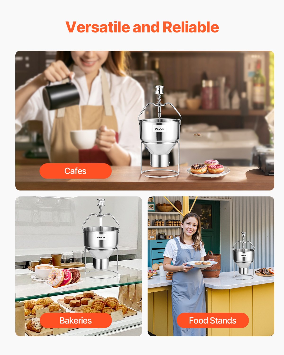 VEVOR Dispensador de Masa para Donas Manual 20-30 mm de Gran Capacidad, de Acero Inoxidable 304, con 6 Ajustes de Grosor y Soporte, para Restaurantes, Cafeterías, Panaderías y Cocinas, Plata