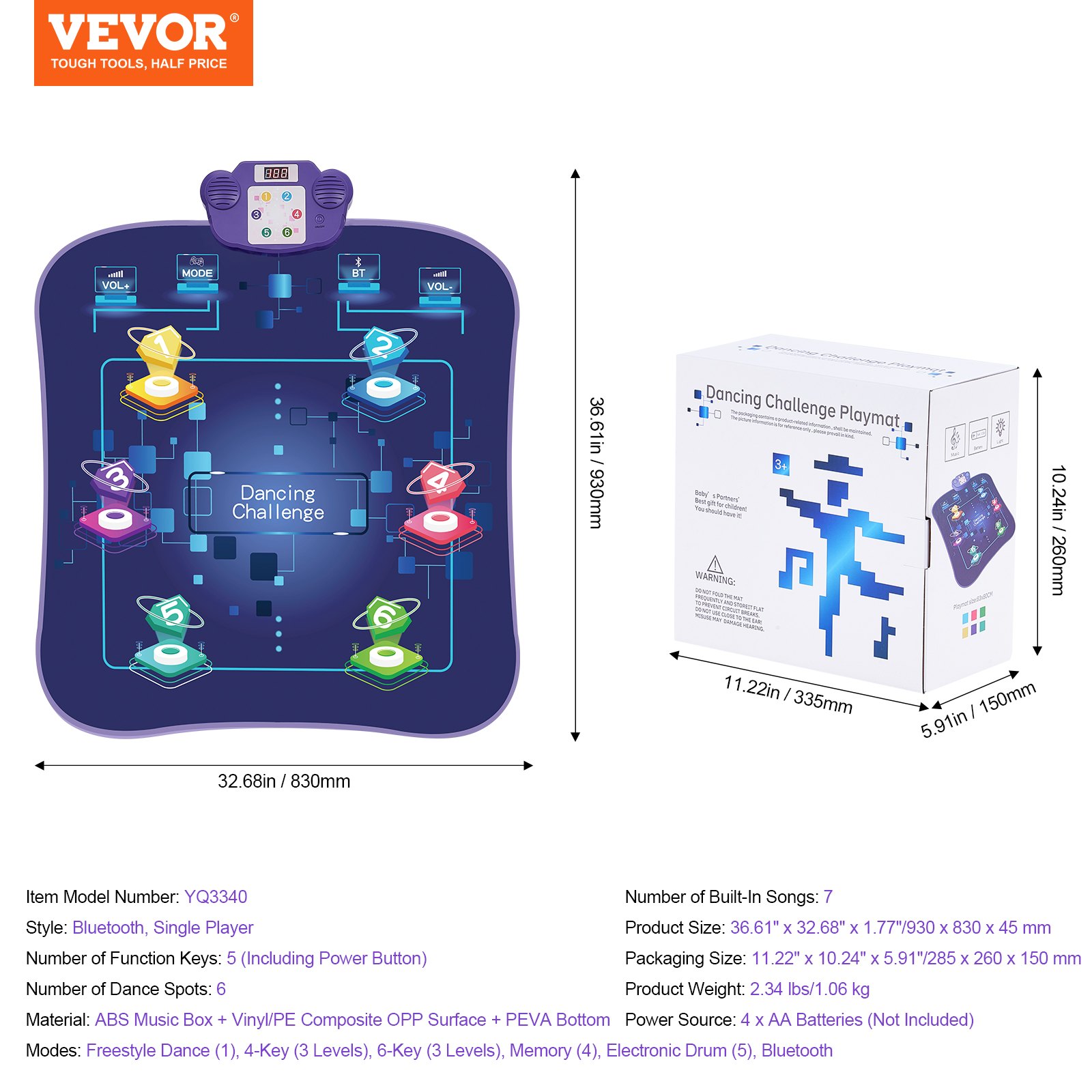 VEVOR  Alfombrilla de Baile con 6 Botones 930x830x45mm Alfombrilla de Baile con Bluetooth Inalámbrico, Luces LED, 5 Modos de Juego, Volumen Ajustable, Música Incorporada para Niños de Más de 3 Años