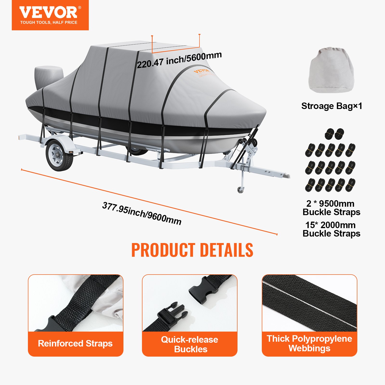 VEVOR Cubierta Impermeable para Barco, 7310-7920 x 2690 mm Impermeable Remolcable en Forma de T Cubierta para Barco, con Tela Oxford 600D Resistente, con Correas de Hebilla a Prueba de Viento, Gris