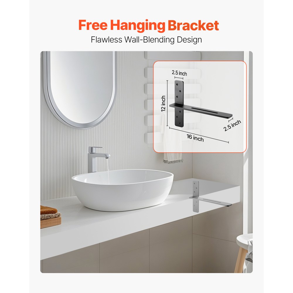 VEVOR shelf bracket, 2 pcs., load capacity 90 kg, heavy-duty shelf bracket 406.4x73.5x304.8 mm, steel shelf support for shelves, floating mounting brackets for worktops with screws