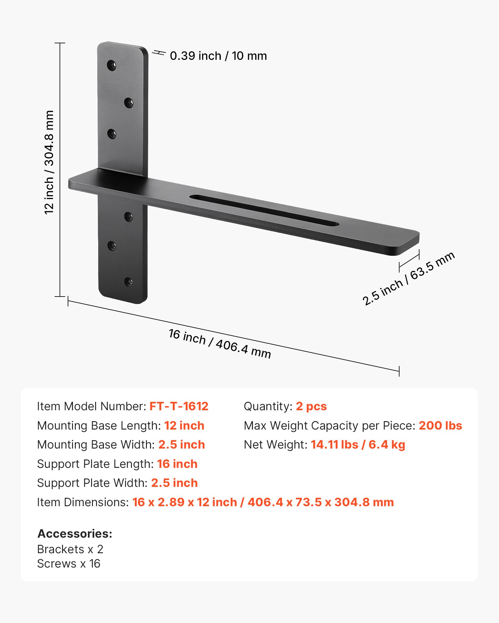 VEVOR shelf bracket, 2 pcs., load capacity 90 kg, heavy-duty shelf bracket 406.4x73.5x304.8 mm, steel shelf support for shelves, floating mounting brackets for worktops with screws
