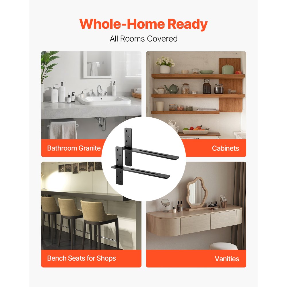 VEVOR shelf brackets, 2 pcs., load capacity 90 kg, heavy-duty shelf brackets 457.2x73.5x304.8 mm, steel shelf supports for shelves, floating mounting brackets for worktops with screws