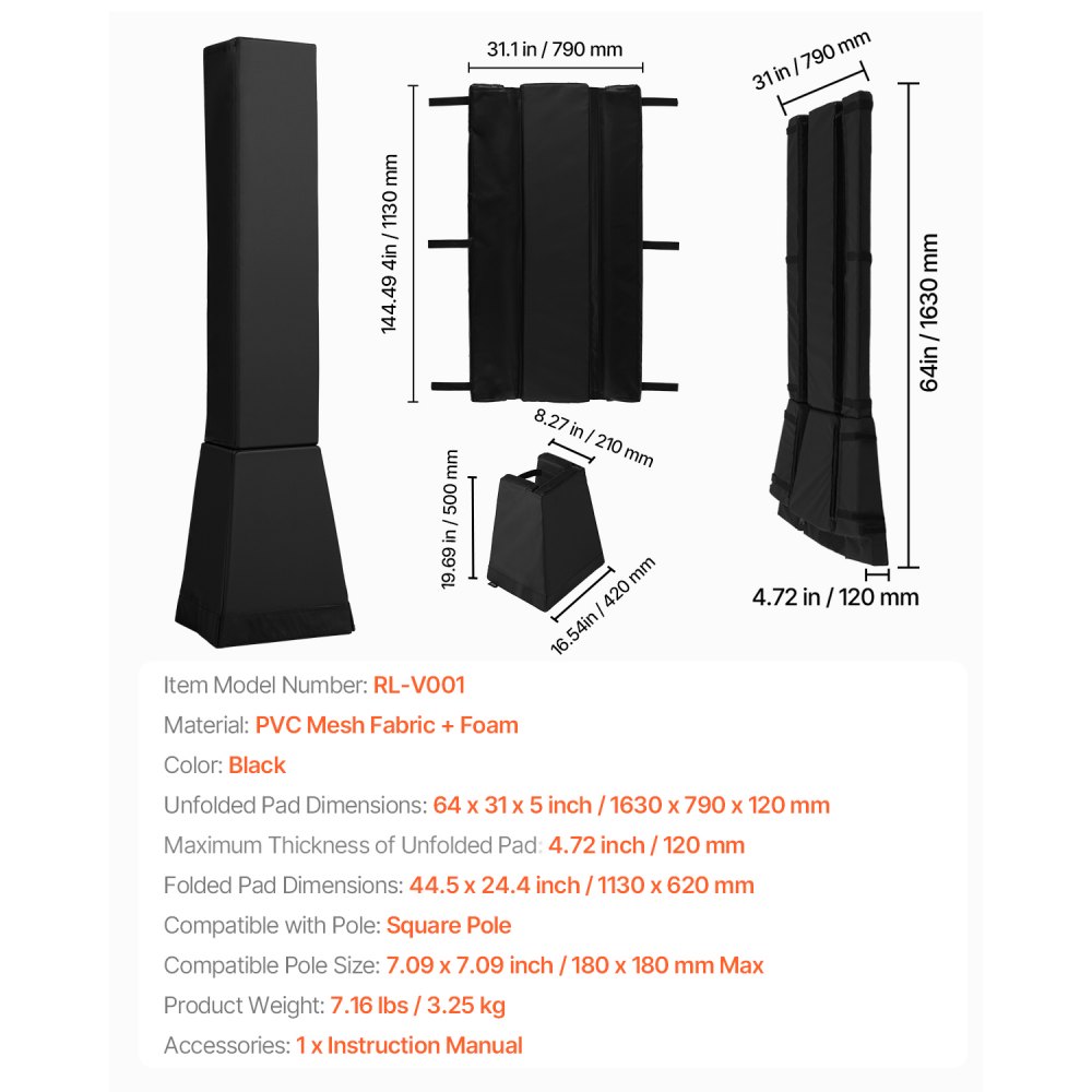 VEVOR Almohadilla para Poste de Baloncesto, Resistente y Envolvente, Cuadrada, Almohadilla Protectora Impermeable para Todo Tipo de Clima para Sótano, Garaje, Patio de Juegos, 1630 x 790 x 120 mm