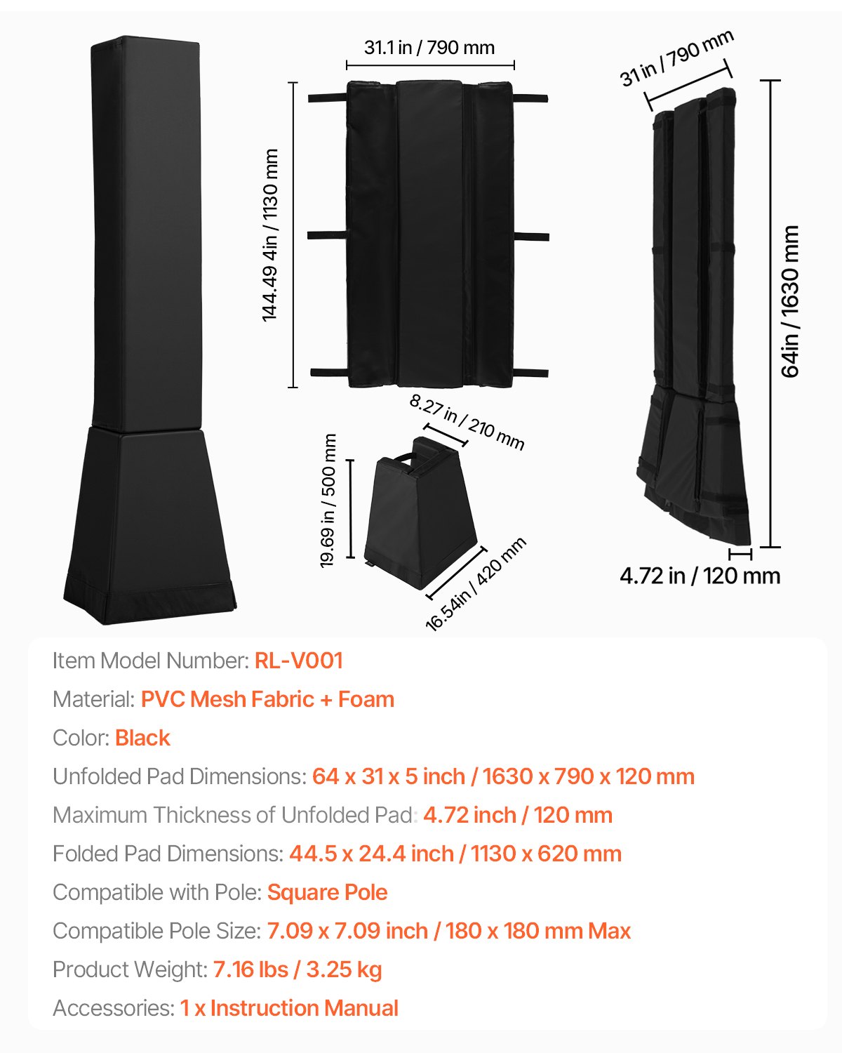 VEVOR Almohadilla para Poste de Baloncesto, Resistente y Envolvente, Cuadrada, Almohadilla Protectora Impermeable para Todo Tipo de Clima para Sótano, Garaje, Patio de Juegos, 1630 x 790 x 120 mm