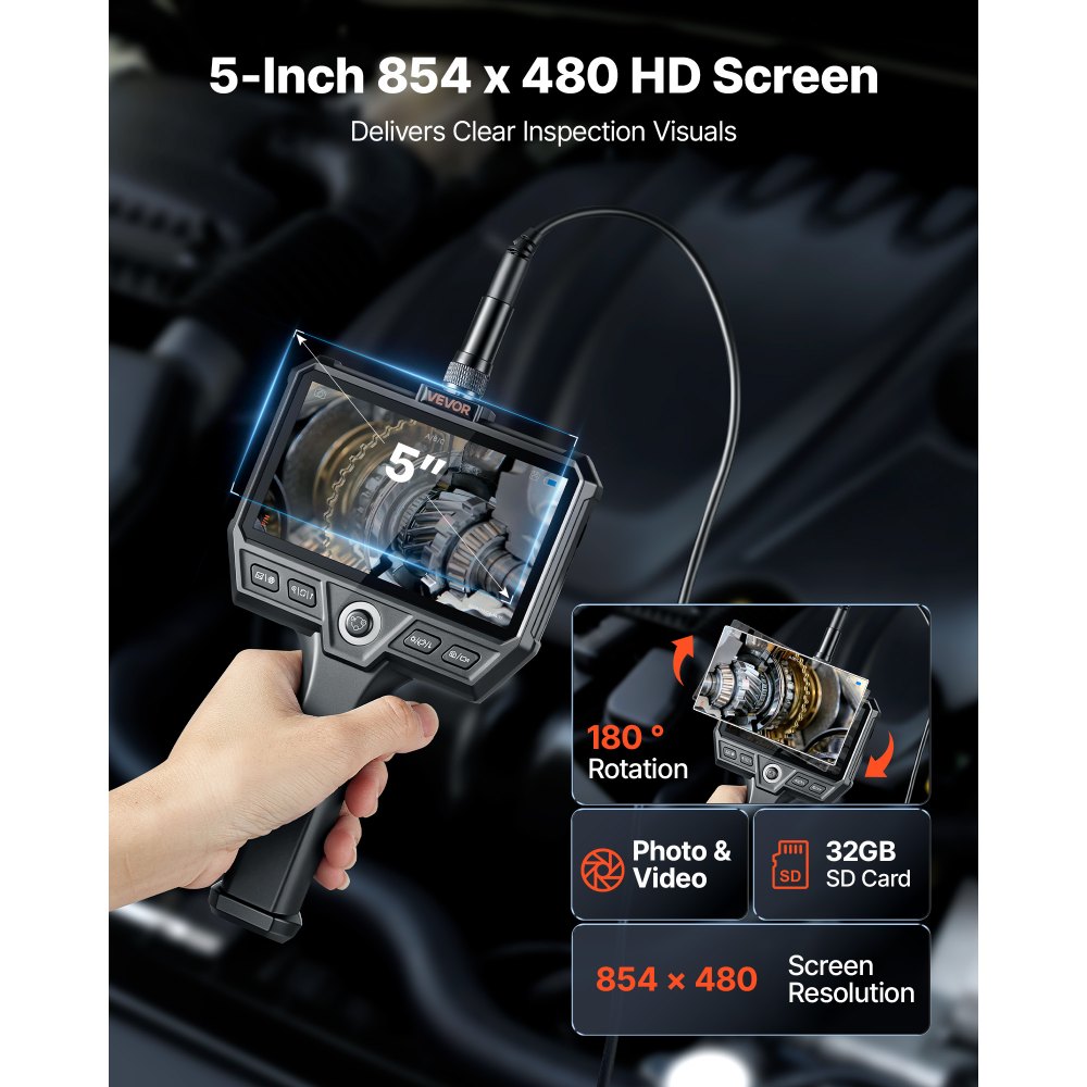 VEVOR Endoscopio de Triple Cámara, Cámara de Inspección con Pantalla IPS, Sonda de 8 mm, Cable Ultrarrígido de 10 m, 5000 mAh, Zoom 8X, Luces LED, 32 GB, para Automoción Fontanería Motor HVAC Tubería